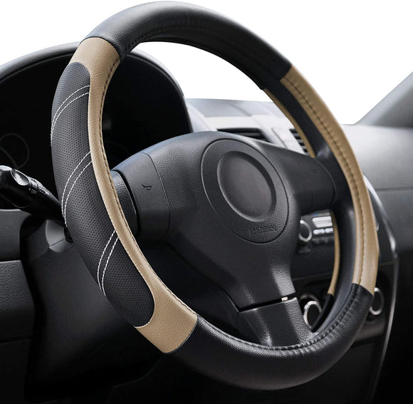 Elantrip Steering Wheel Cover Leather 15 1/2 to 16 inch Universal Large Soft Grip Breathable for Car Truck SUV Jeep Anti Slip Beige