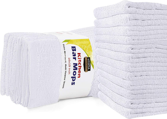 Utopia Towels Kitchen Bar Mops Towels, Pack of 12 Towels - 16 x 19 Inches, 100% Cotton Super Absorbent White Bar Towels, Multi-Purpose Cleaning Towels for Home and Kitchen Bars