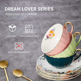 LURRIER Coffee Cup Mug with Saucer and Spoon for Latte,Dream Lover Series Cappuccino Tea Porcelain British Tea Set 7.8oz,Dining Table Decor for Home Use,Display and Holiday Gift,Dishwasher Safe,1Pcs