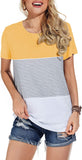 Women's Casual Short Sleeve Round Neck Triple Color Block Stripe T-Shirt Blouse Tops