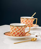 European Style Cup and saucer set, 6.8 Oz bone China beautifully glazed white Gold Tea Cup and saucer, golden spoon, Mug, Cappuccino, Latte, MOCHA, espresso, modern design. (yellow)