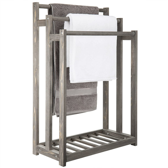 MyGift 3-Bar Wood Grey Towel Rack with Bottom Shelf