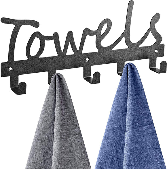 Towel Racks 5 Hooks Black Sandblasted Robe Hooks Wall Mount Towel Holder Black Metal Towel Racks Rustproof and Waterproof for Kitchen Storage Organizer Rack, Bathroom Towels, Robes, Clothing( Black)