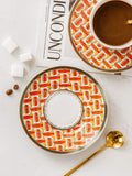 European Style Cup and saucer set, 6.8 Oz bone China beautifully glazed white Gold Tea Cup and saucer, golden spoon, Mug, Cappuccino, Latte, MOCHA, espresso, modern design. (yellow)