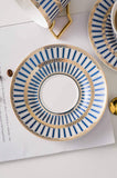 Euro Style Cup& Saucer Set ，6.8oz Bone China Ceramic Beautifulblue Matte Glazed with Saucers & Spoon, Mug with Golden Handle, for Cappuccino, Dessert, Latte, Mocha,Espresso, Modern Design。 (blue)