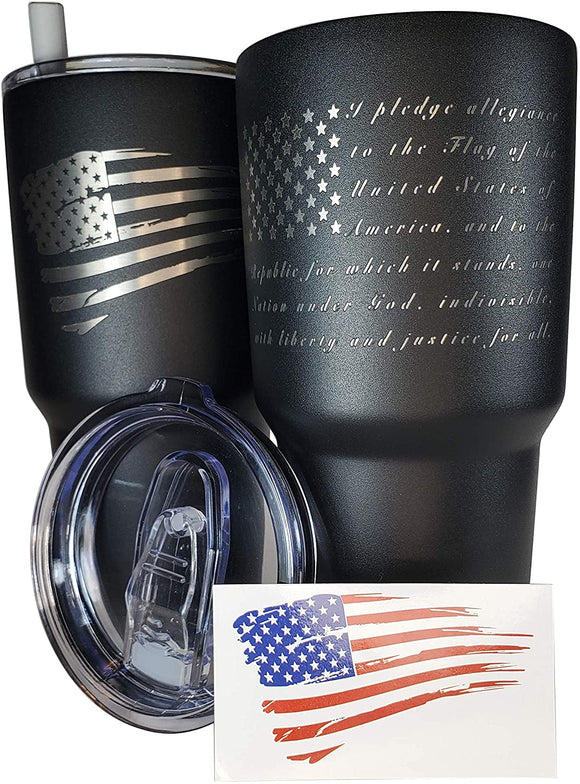 30oz Pledge of Allegiance Tumbler - American Flag Tumbler Travel Mug - Patriotic Coffee Travel Mug - Double Insulated - Engraved in the USA - with Silicone Straw and USA Sticker (Pledge of Allegiance)