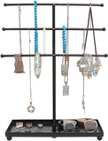 Modern Black Metal 3 Tier Tabletop Bracelet & Necklace Jewelry Organizer Display Tree Rack w/ Ring Tray