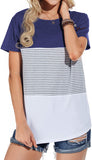 Women's Casual Short Sleeve Round Neck Triple Color Block Stripe T-Shirt Blouse Tops