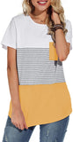 Women's Casual Short Sleeve Round Neck Triple Color Block Stripe T-Shirt Blouse Tops