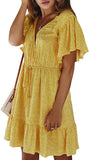 Womens Dresses V Neck Polka Dot Ruffles Mini Sexy Dress Short Sleeve Summer Dresses with Belt