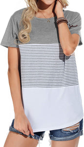 Women's Casual Short Sleeve Round Neck Triple Color Block Stripe T-Shirt Blouse Tops