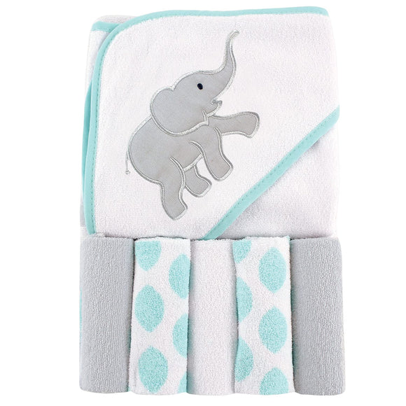 Unisex Baby Hooded Towel with Five Washcloths, Ikat Elephant, One Size