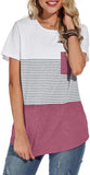 Women's Casual Short Sleeve Round Neck Triple Color Block Stripe T-Shirt Blouse Tops