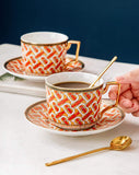 European Style Cup and saucer set, 6.8 Oz bone China beautifully glazed white Gold Tea Cup and saucer, golden spoon, Mug, Cappuccino, Latte, MOCHA, espresso, modern design. (yellow)