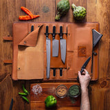 Dalstrong - Vagabond Knife Roll Full & Top Grain Brazilian Leather Roll Bag - 16 Slots - Interior and Rear Zippered Pockets - Blade Travel Storage/Case (California Brown) - Large - Up to 20" Knives