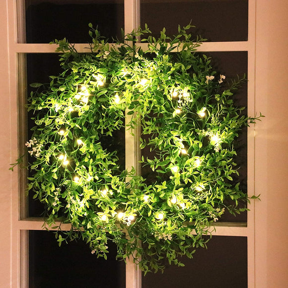 Kurala 20 Inches Artificial Green Leaf Wreath with 40 Led Lights and Timer Battery Operated Front Door Wall Window Party Decoration